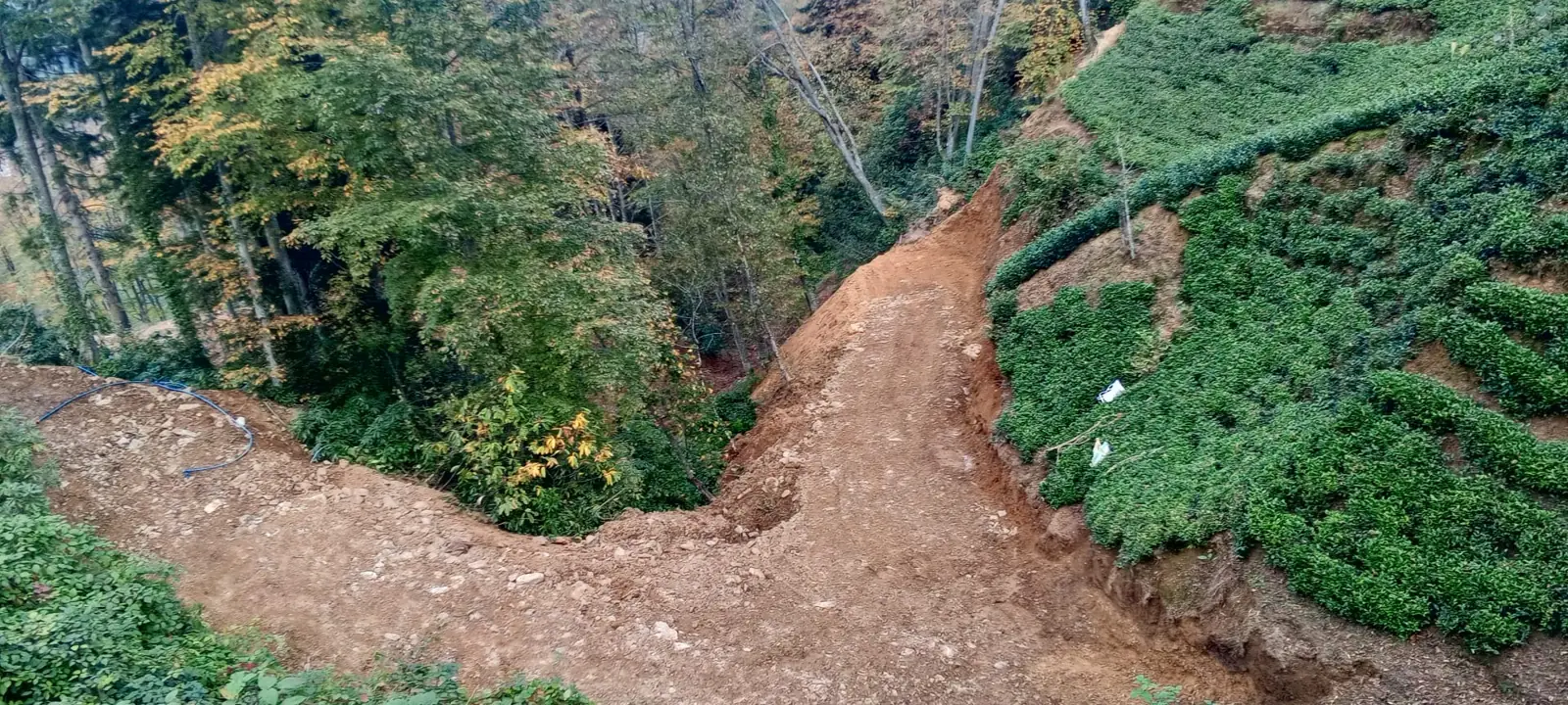 Yeşil yamaç boyunca açılan toprak yol